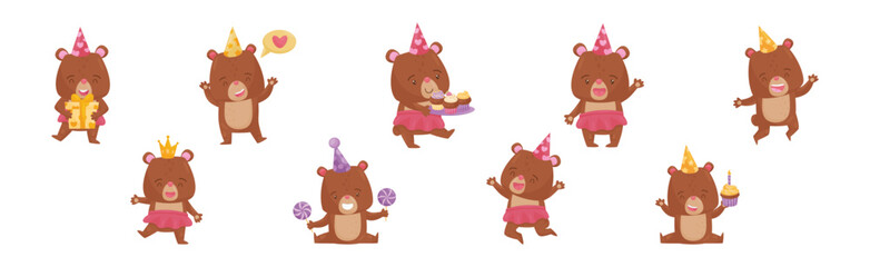 Fototapeta premium Cute Bear Character in Birthday Hat Celebrating Holiday Vector Set