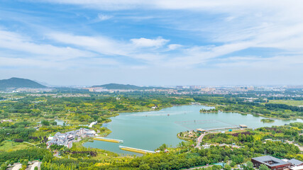 Fototapeta na wymiar Aerial photography of Longquan Lake Wetland in Luquan District, Shijiazhuang City, Hebei Province, China