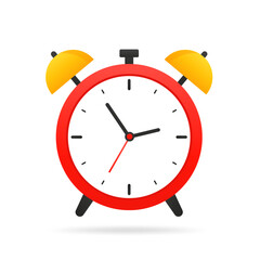 The alarm clock is red, it's time to wake upю. Alarm clock icon. Alarm clock that sounds loudly in the morning to wake up from bed. Flat design. Vector illustration