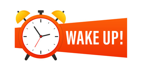 The alarm clock is red, it's time to wake upю. Alarm clock icon. Alarm clock that sounds loudly in the morning to wake up from bed. Waking up time motivation. Flat design. Vector illustration