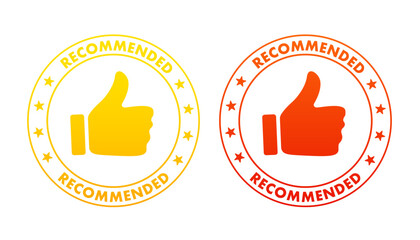 Red recommended stamp thumbs up rubber. Recommended print clip art. Recommended stamp. Flat design. Web design with red ribbon. Vector illustration