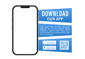 Mobile application download page. Smartphone with blank screen for applications. Download our new mobile app. Download buttons. Mobile application banner page. Vector illustration