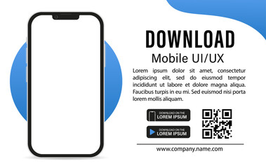 Mobile application download page. Smartphone with blank screen for applications. Download mobile UI/UX app. Download buttons. Mobile application banner page. Vector illustration