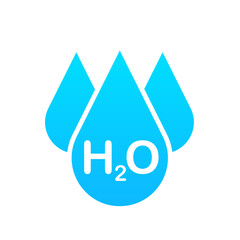 H2O text on liquid design background , greeting card or poster. Water icon. Waterdrop. Water H2O molecule models blue and chemical formulas natural. Vector illustration