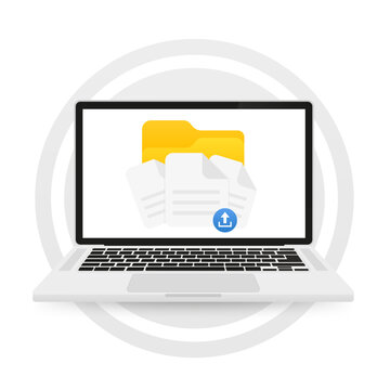 Folders with paper files on a laptop. Can be used for website, app, logo, UI design. Folder with downloadable files, documents, contract. Vector illustration
