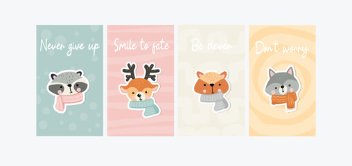 Fototapeta premium Set of cute little cartoon animals wearing scarves with inspirational text messages in a poster or card design, illustration for kids in scandinavian style