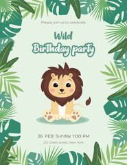 Birthday invitation templates with cute happy smiling cartoon character of a little lion and with green plants on the background. Vector illustrations