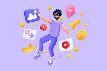 3D cartoon character man wearing virtual reality glasses and floating in the air. VR concept isolate on purple background, video game, virtual world, Metaverse, Into the future - 3D Vector Illustratio