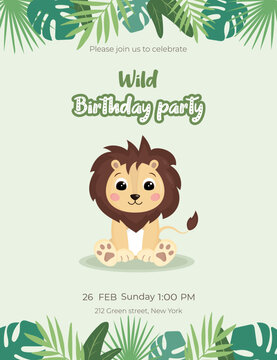 Birthday invitation templates with cute happy smiling cartoon character of a little lion and with green plants on the background. Vector illustrations