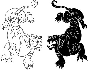 Tiger and dragon fighting tattoo.Japanese style Dragon with tiger and peony flower on cloud tattoo.