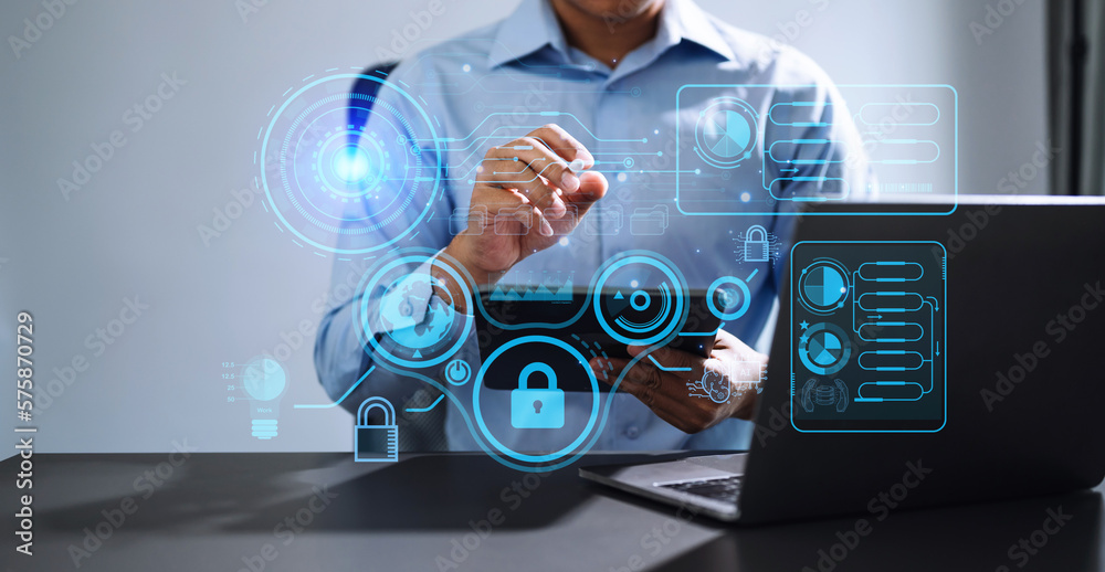 Wall mural cyber security data protection business working on compute intelligenc digital tablet global network