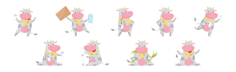 Farm Cow Character Udder Holding Milk Drink Vector Set