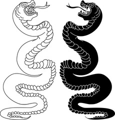 colorful Snakes and flowers. Tattoo design. Hand drawn snake vector illustration.Traditional Japanese culture for printing and coloring book on background.