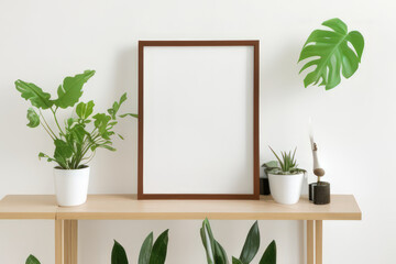 frame with leaves on table created with generative AI