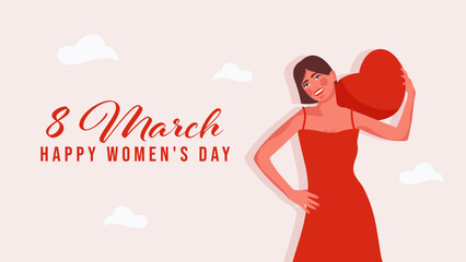 International Women's Day sale banner. Greeting card with happy smiling woman. Promotional banner,flat vector illustration.