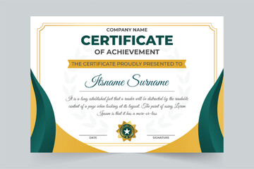 Certificate of achievement and diploma design with golden and green colors. Special award certificate vector for occasions of sports. Academic certificate design with abstract shapes and calligraphy.