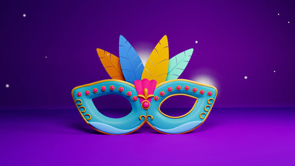 3D Render of Colorful Feather Masquerade Mask On Purple Background And Copy Space.