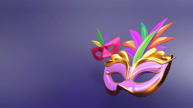 3D Render of Two Colorful Carnival Mask And Copy Space On Blue Background.