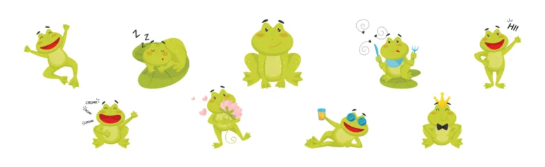 Fotobehang Cute Green Leaping Frog Character Engaged in Different Activity Vector Set © Happypictures