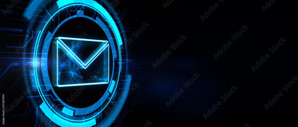Aufkleber mail, letter and email concept with digital blue envelope symbol in microcircuit circle on abstract 