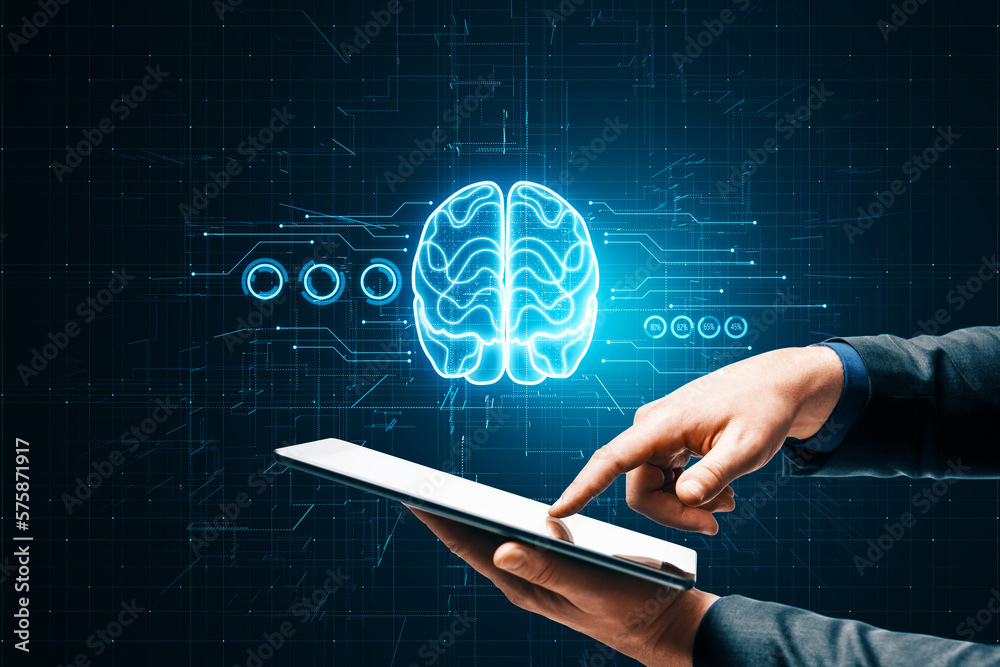 Poster close up of male hand pointing at cellphone with glowing brain hologram on blurry dark circuit backg