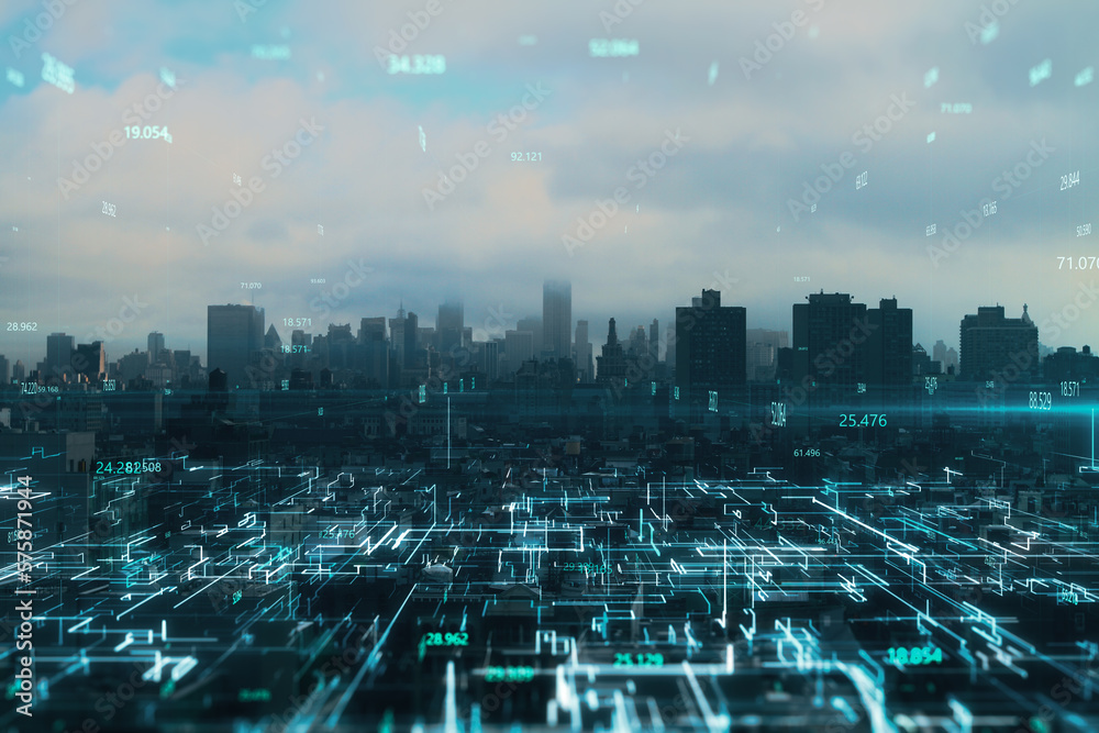 Poster creative glowing metaverse city texture with coding. technology, future and digital world concept. d