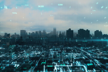 Creative glowing metaverse city texture with coding. Technology, future and digital world concept. Double exposure.