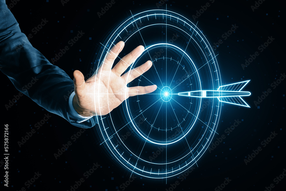Poster target concept with a glowing hologram of bullseye and arrow hitting the center. growth strategy. go