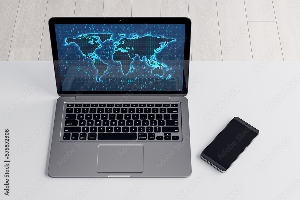 Poster Top view of laptop computer ande cellphone on white desktop with glowing binary code map. Software and global technology concept. 3D Rendering.