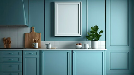 Kitchen interior, white photo frames with image placeholder against pastel blue wall.