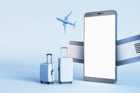 Mobile booking and travel concept with suitcases near modern smartphone with blank white screen for your application or web design, airplane and tickets on light background. 3D rendering, mock up