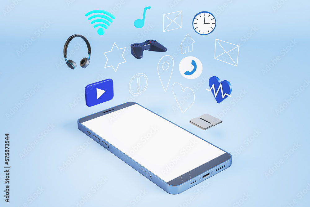 Poster blank white mock up smartphone screen with media and lifestyle icons on blue background. mock up pla