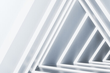 Abstract illuminated white triangular interior. Design concept. 3D Rendering.