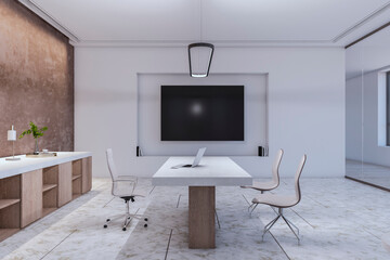 Bright light office interior with furniture and equipment. Workplace concept. 3D Rendering.