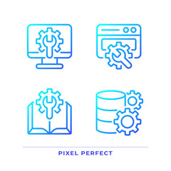 Computer system settings pixel perfect gradient linear vector icons set. Manual. Data storage configuration. Thin line contour symbol designs bundle. Isolated outline illustrations collection