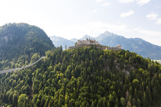 Austria, Tyrol, Reutte, View of Ehrenberg Castle and surrounding landscape in summer