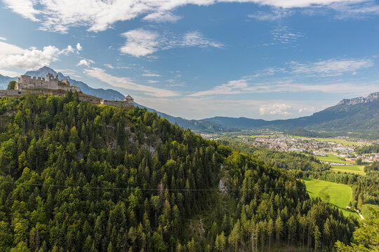 Austria, Tyrol, Reutte, View of Ehrenberg Castle and surrounding landscape in summer