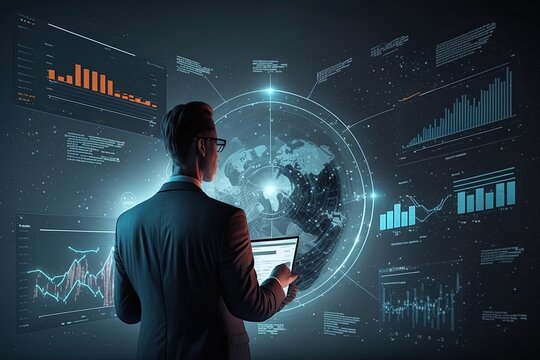An illustration of a businessman analyzing data in charts in a big screen. Concept: Data mining by an asian man analyst. 