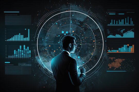 An illustration of a businessman analyzing data in charts in a big screen. Concept: Data mining by an asian man analyst. 