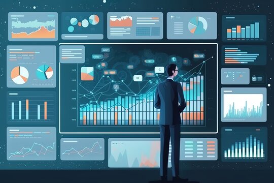 An illustration of a businessman analyzing data in charts in a big screen. Concept: Data mining by an asian man analyst. 