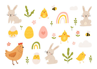 Obraz na płótnie Canvas Vector color hand-drawn children cute easter set with hens, bunny, easter eggs, flowers in scandinavian style on a white background. Easter set. Spring. Happy easter.