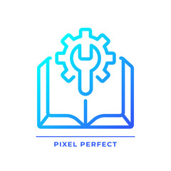 Obraz premium Manual pixel perfect gradient linear vector icon. Technical instructions. Read knowledge base. FAQ. System guidebook. Thin line color symbol. Modern style pictogram. Vector isolated outline drawing