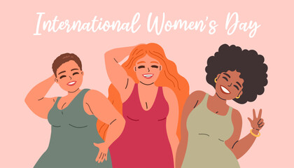 International Womens Day. Vector illustration of happy smiling diverse women standing together. Isolated EPS10