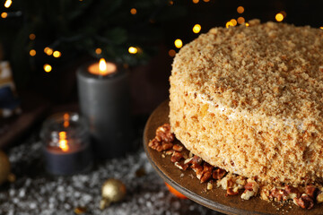 Concept of delicious sweet food - honey cake, space for text