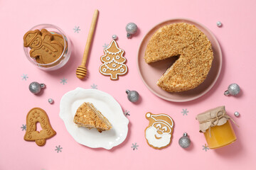 Concept of delicious sweet food - honey cake, top view