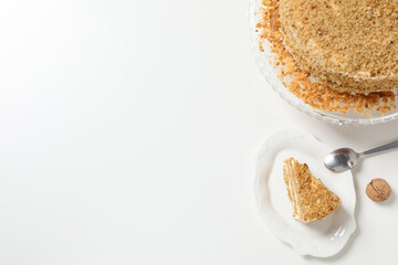 Concept of delicious sweet food - honey cake, space for text