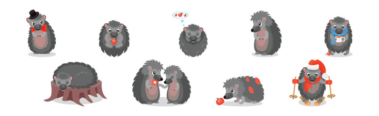 Cute Hedgehog Engaged in Different Activity Vector Set