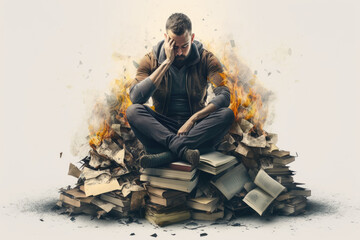 Man sitting on burning books, generative ai