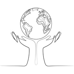 Planet earth in cupped human hands line art drawing sketch vector illustration.Earth day concept poster.National pollution prevention.World environment day.Caring for planet Earth Minimalist design