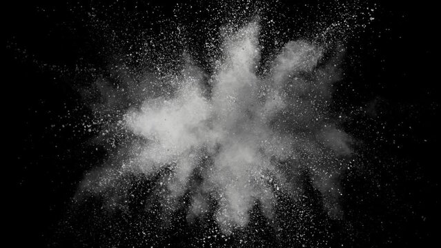 Super slow motion of white powder explosion isolated on black background. Filmed on high speed cinema camera, 1000fps.